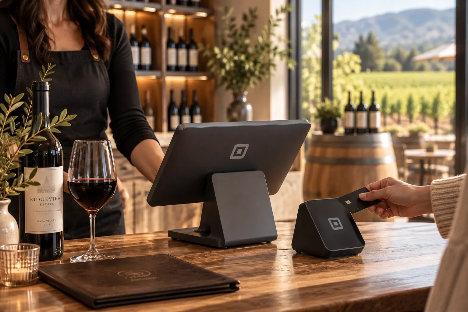 Team member ringing up a wine club member on a Square register