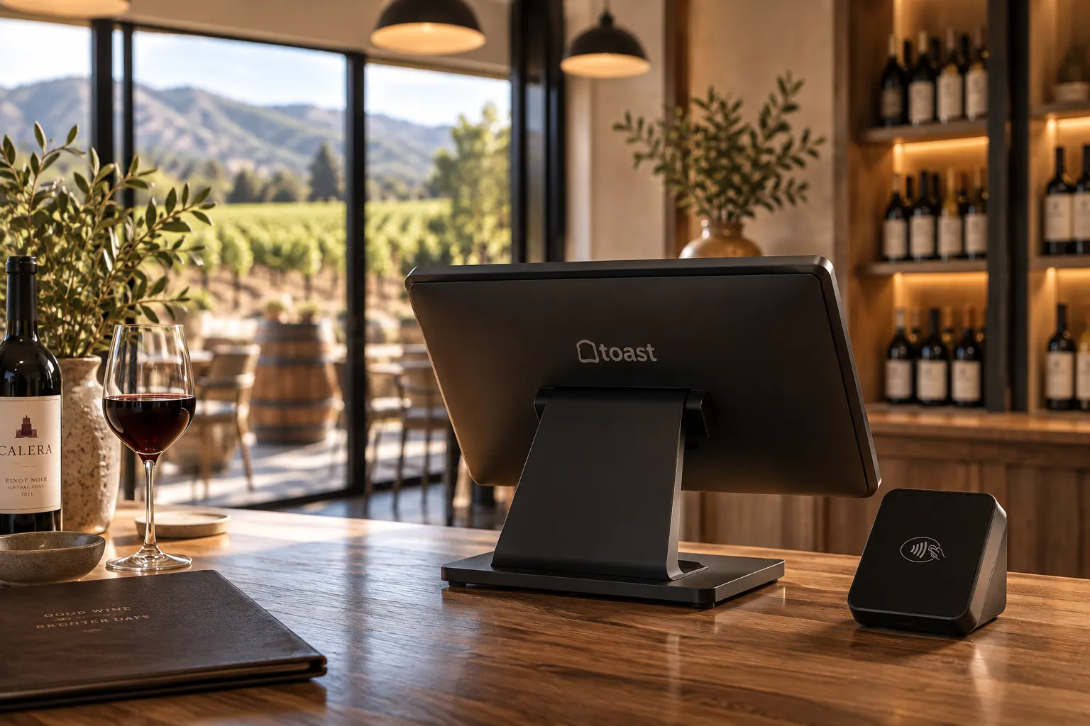 Toast register on a tasting room counter with vineyard views