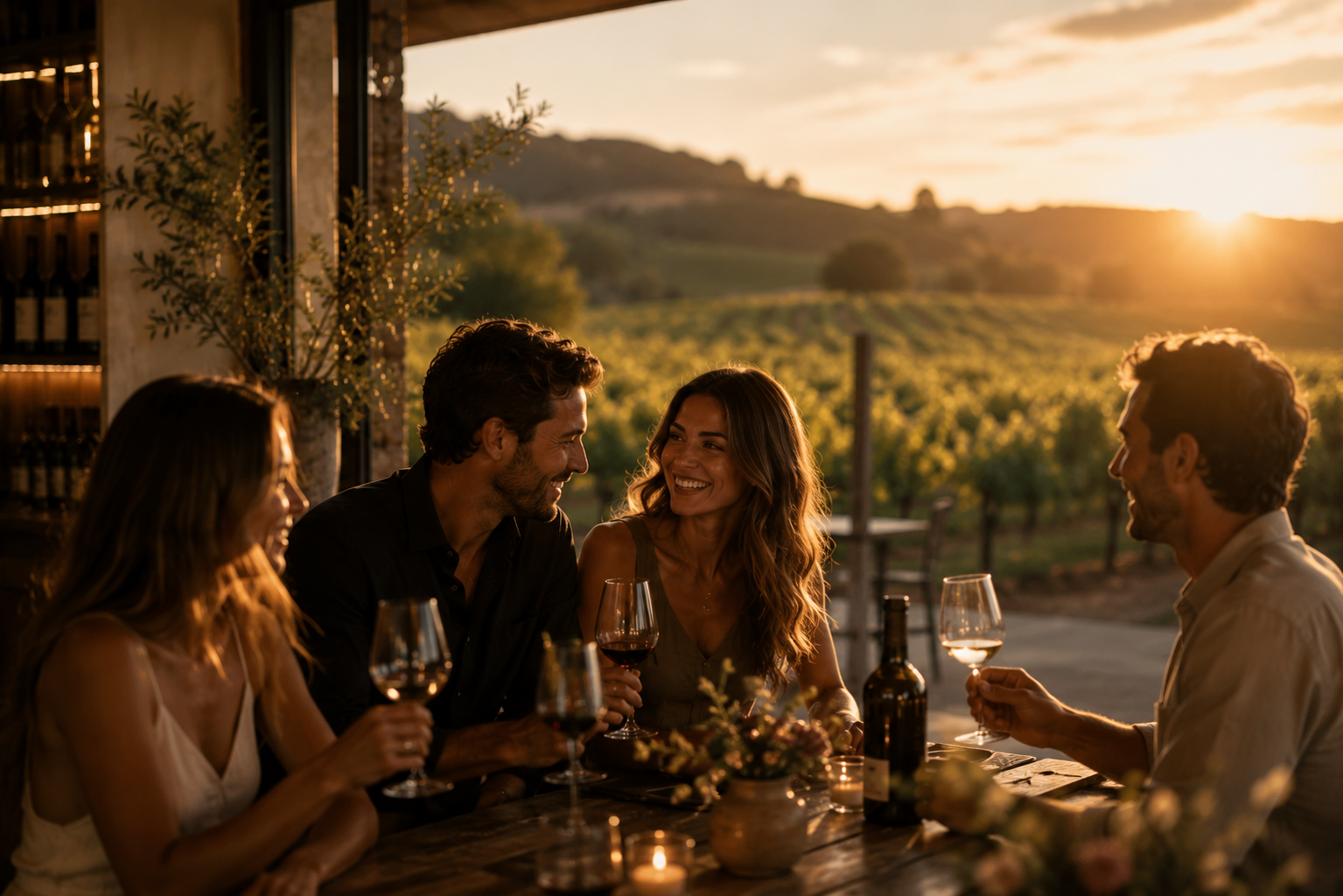 Guests enjoying wine together at a vineyard tasting