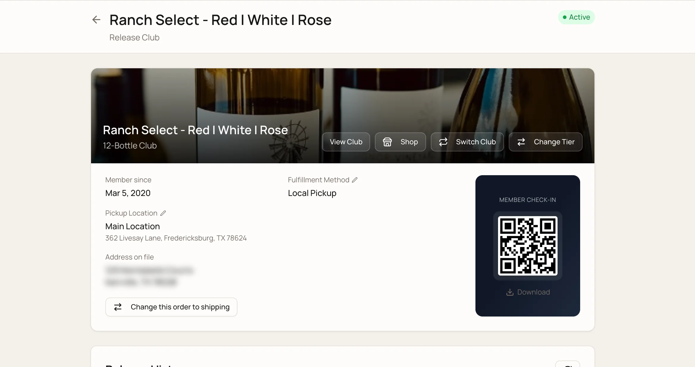 A member's club page in the WineView member app, with pickup details and a check-in QR code