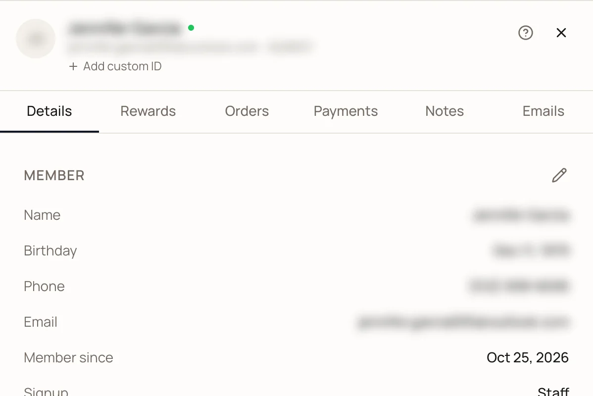 WineView member profile a team member opens to help a member, with personal details blurred