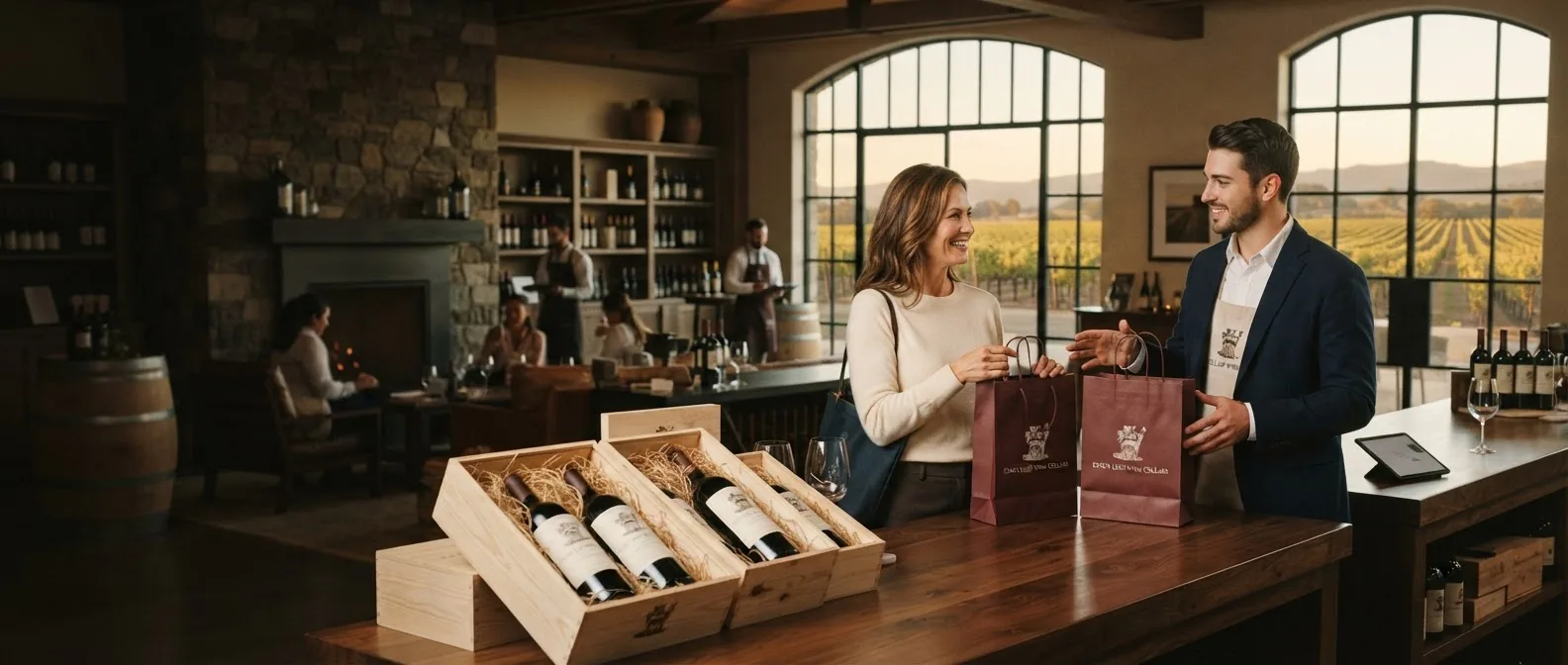 Tasting room host handing a smiling club member her wine club pickup