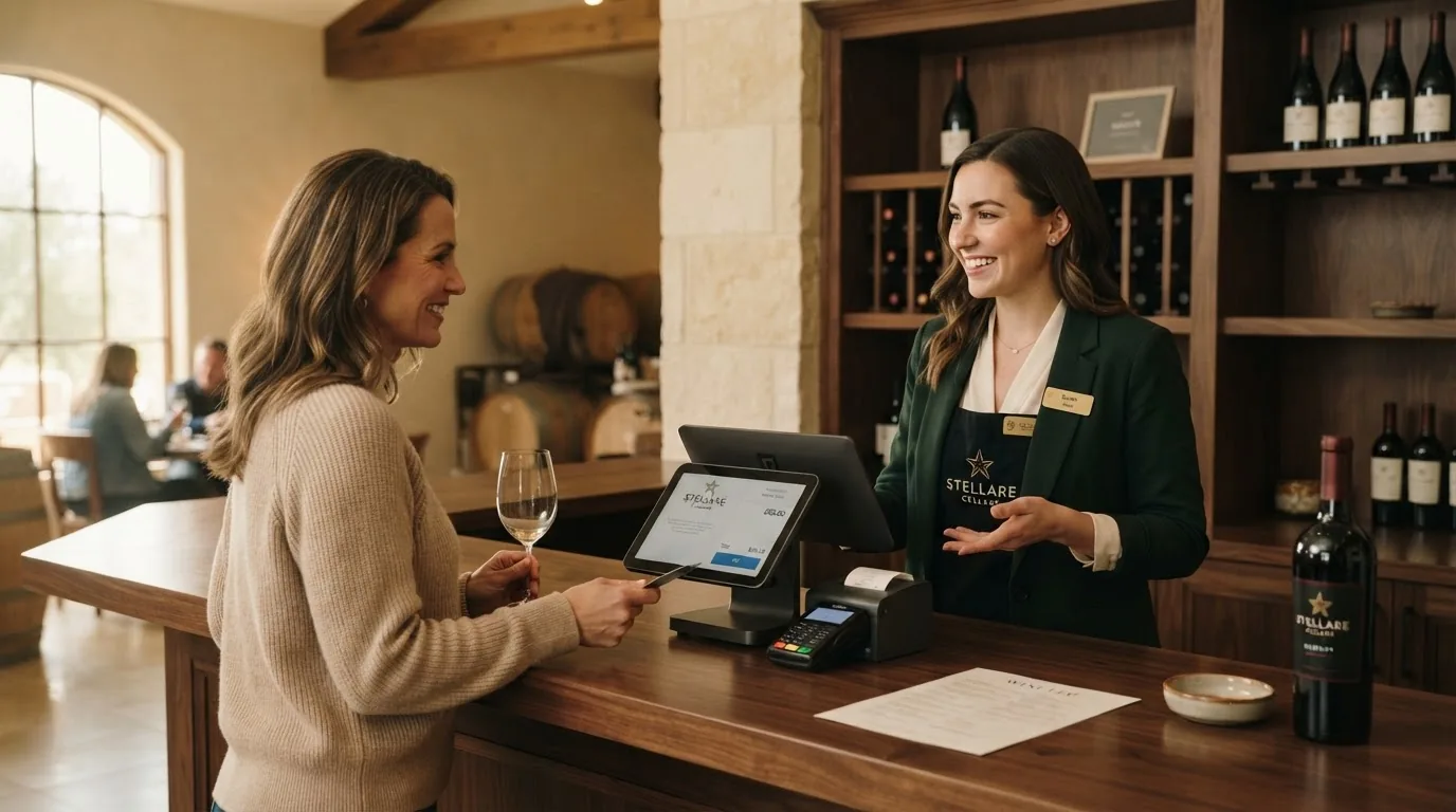 Club member paying at a Square terminal while a tasting room host looks up her membership