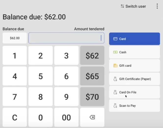 Toast checkout screen with Card On File offered alongside card, cash and gift card
