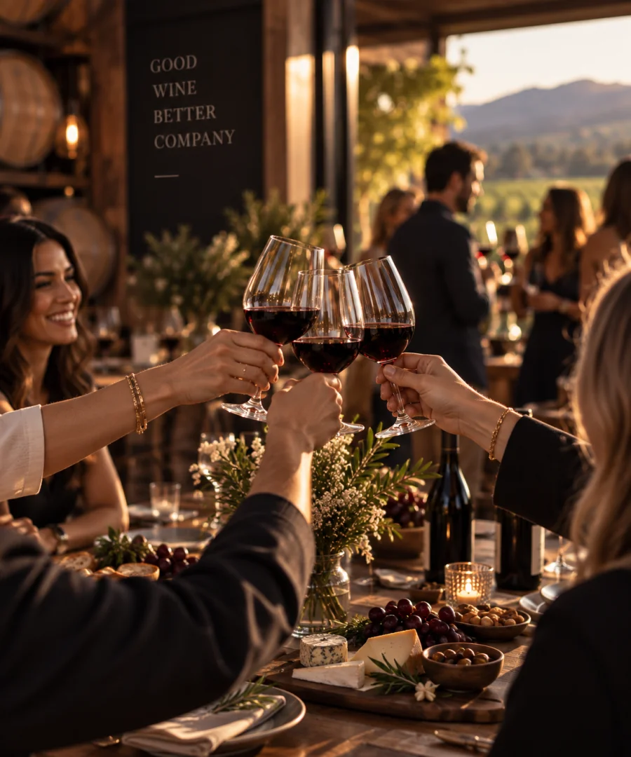 Members toasting wine glasses at a winery gathering