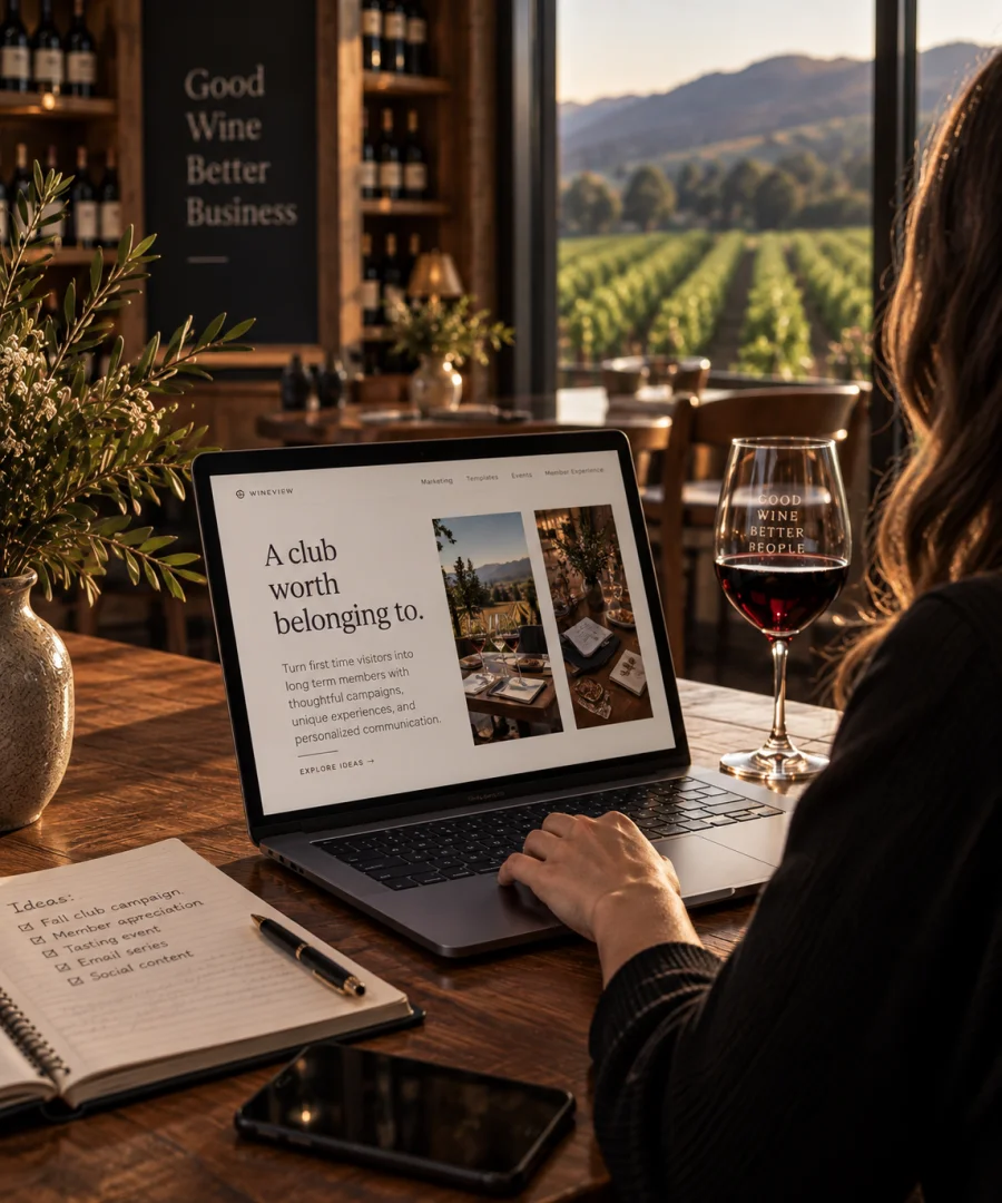 Wine club marketing ideas on a laptop at a winery table