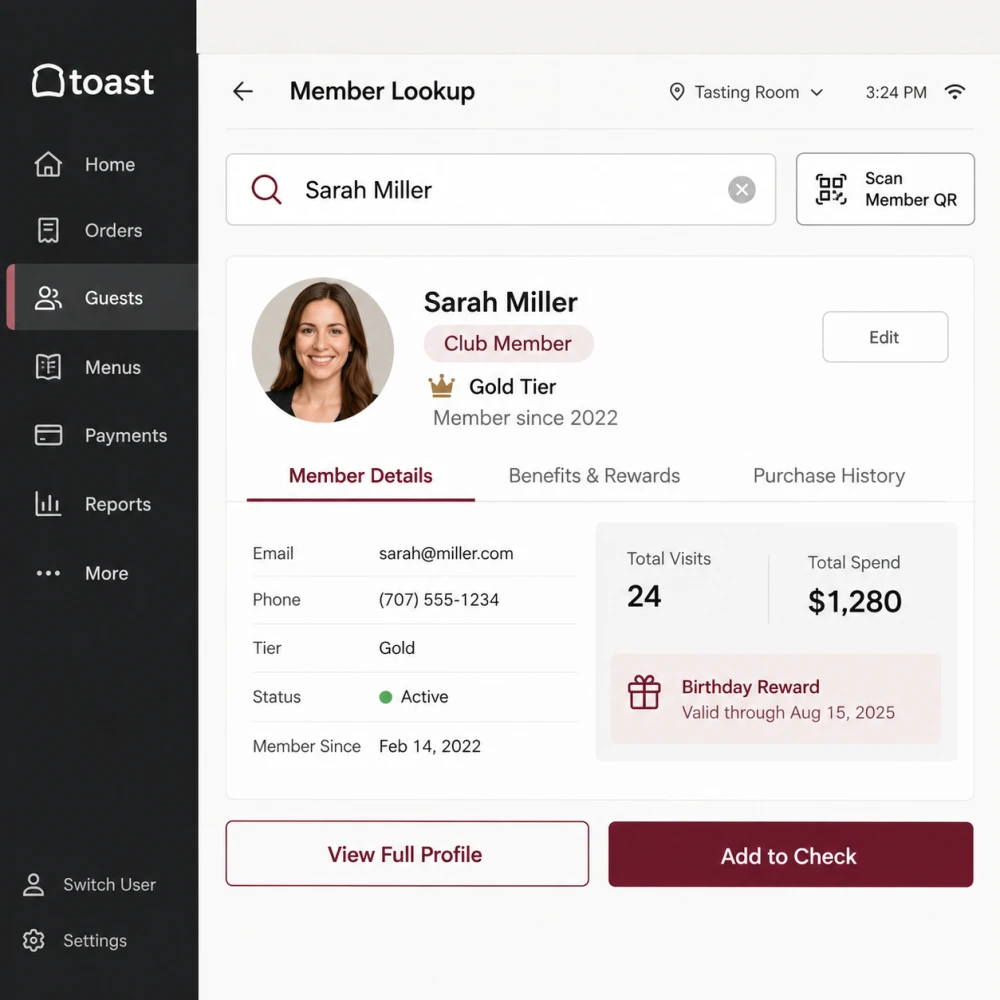 Toast member lookup screen showing Sarah Miller's club profile